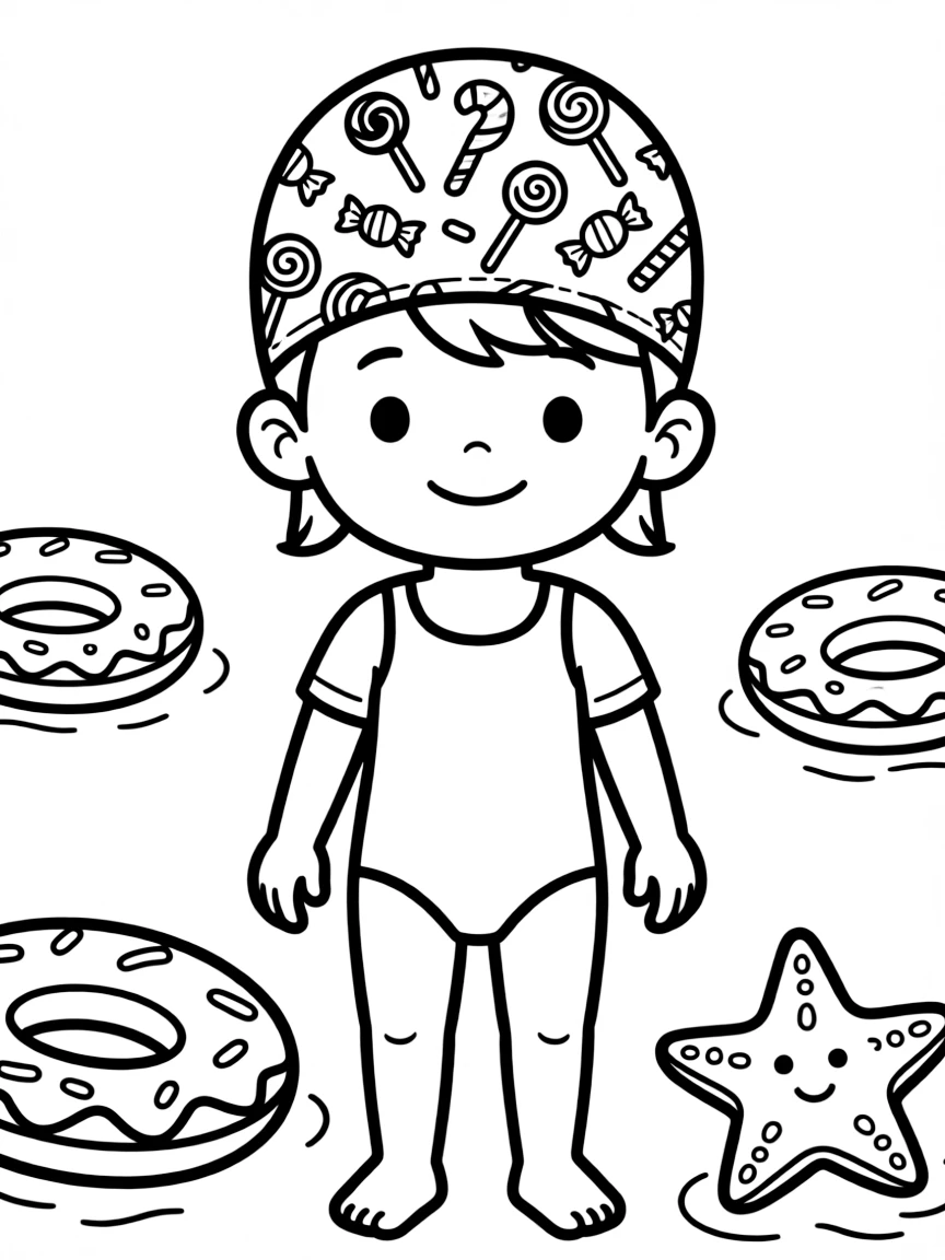 A child with hair in a simple candy print swimming cap.