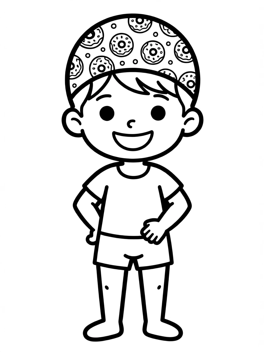 A child with hair in a simple donut print swimming cap.