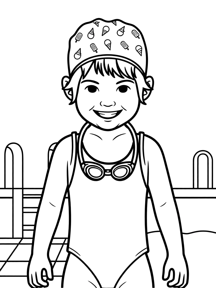 A child with hair in a simple ice cream print swimming cap.