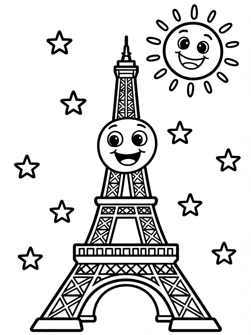 A happy cartoon Eiffel Tower in Paris, with little stars around it and a friendly smiling sun in the sky.