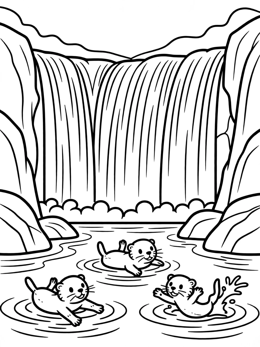 Niagara Falls with little playful otters swimming.