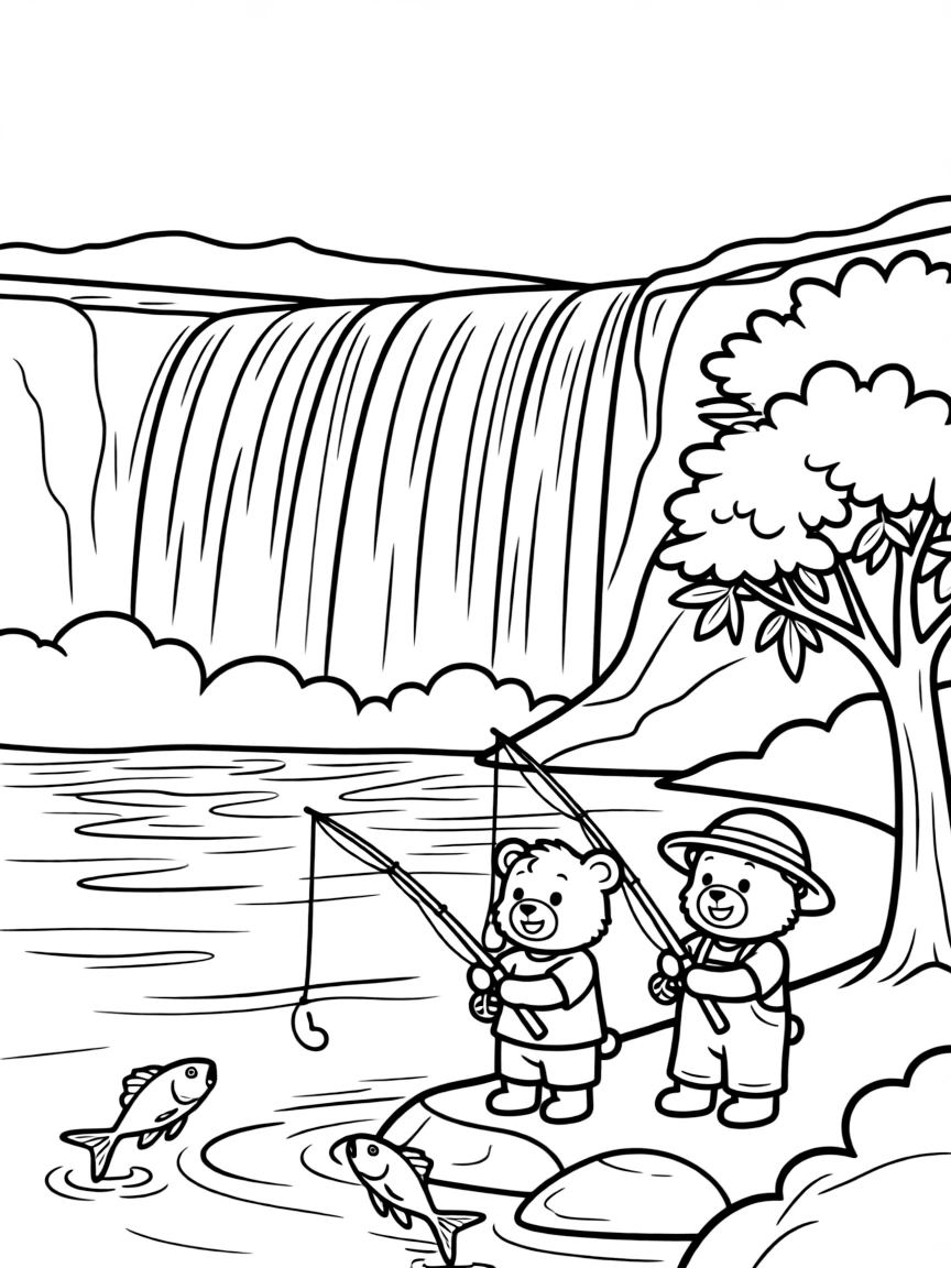 Niagara Falls with little playful bears fishing.