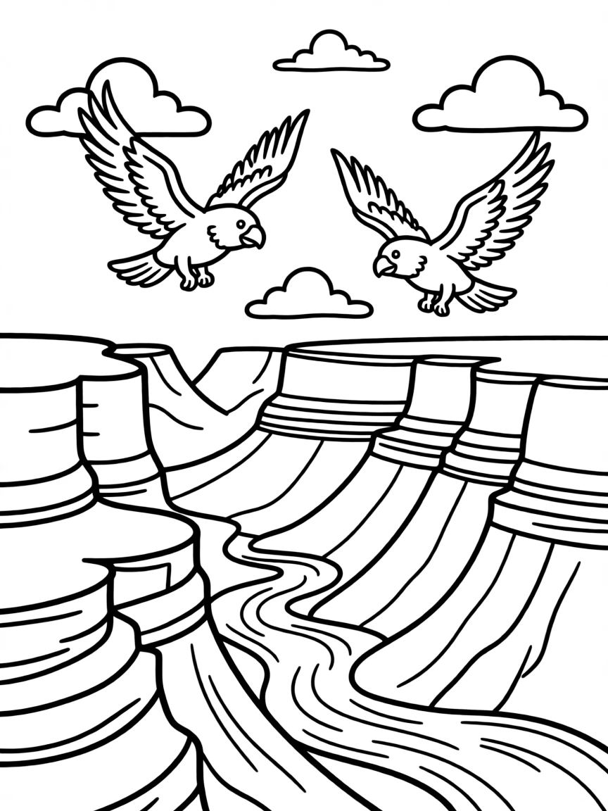 The Grand Canyon with little playful eagles soaring.