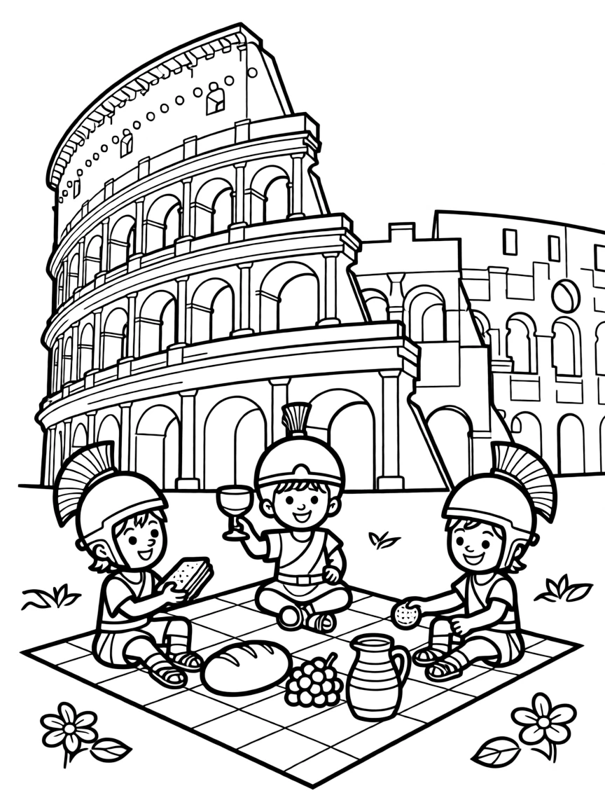 The Colosseum with happy little gladiators having a picnic.