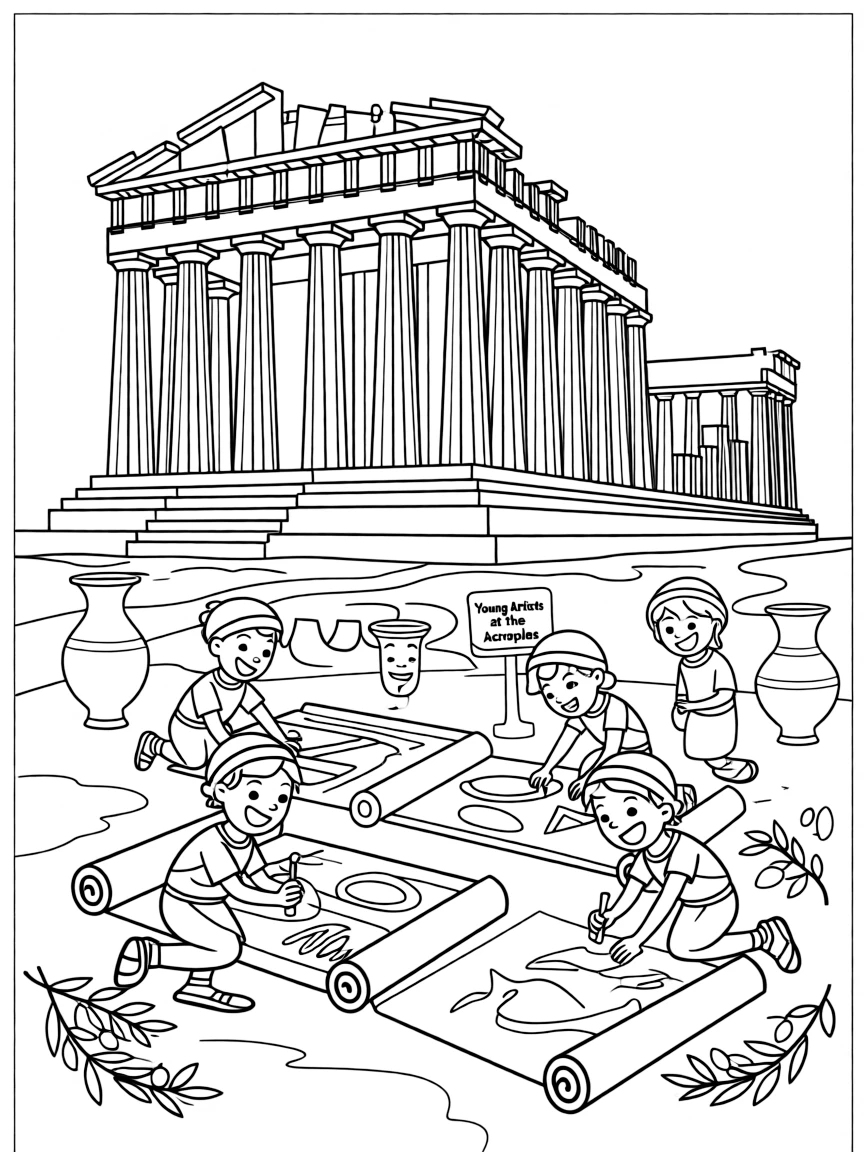 The Acropolis with happy little ancient Greek children drawing.