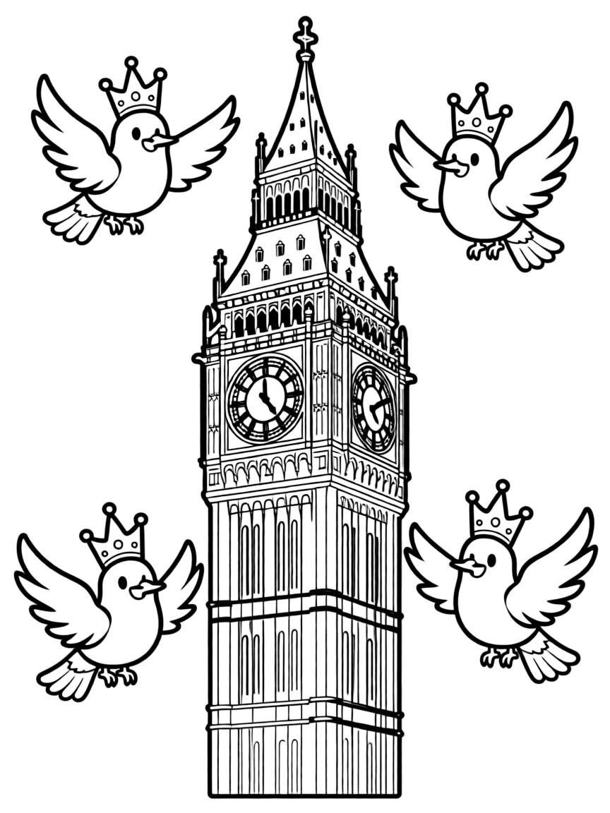 Big Ben with happy little pigeons wearing tiny crowns.
