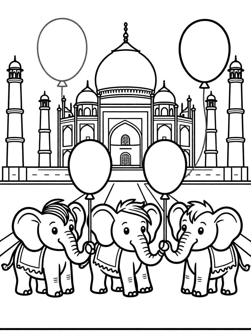 The Taj Mahal with happy little elephants holding balloons.