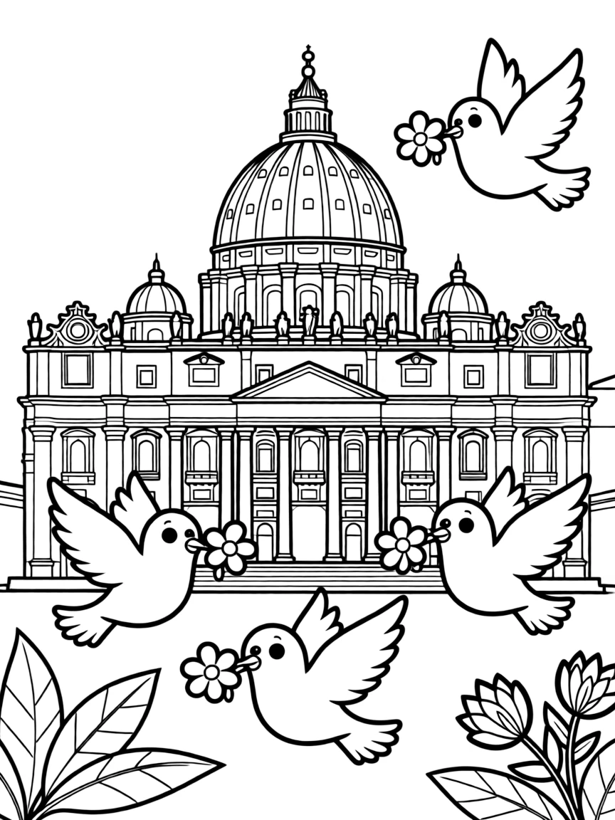 The Vatican City (St. Peter's Basilica) with happy little doves carrying flowers.
