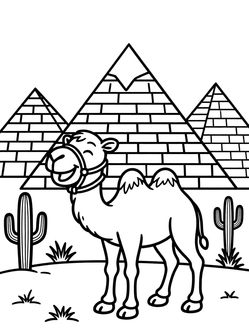 The pyramids of Egypt, with a happy, winking camel in the foreground.