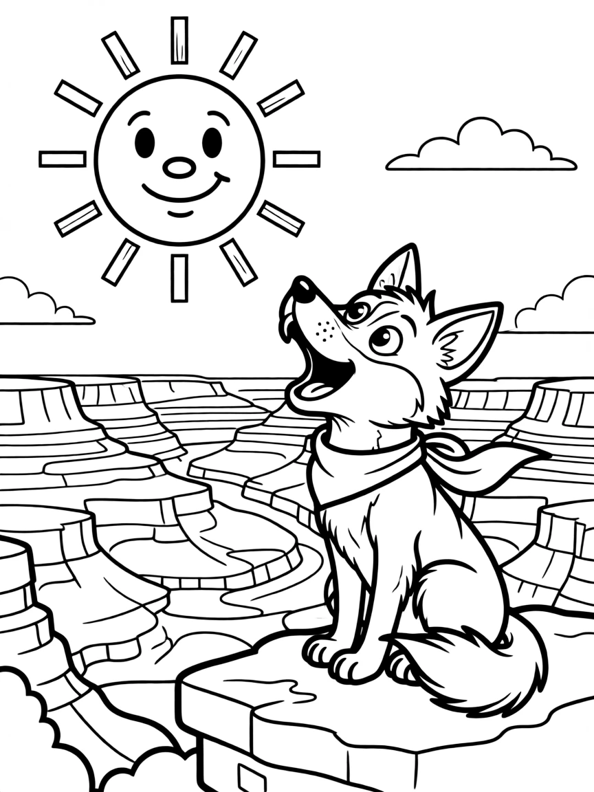 The Grand Canyon, with a happy coyote howling at a smiling sun.