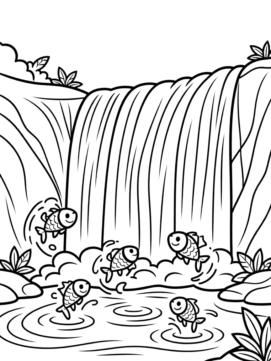 Niagara Falls with little fish jumping happily.