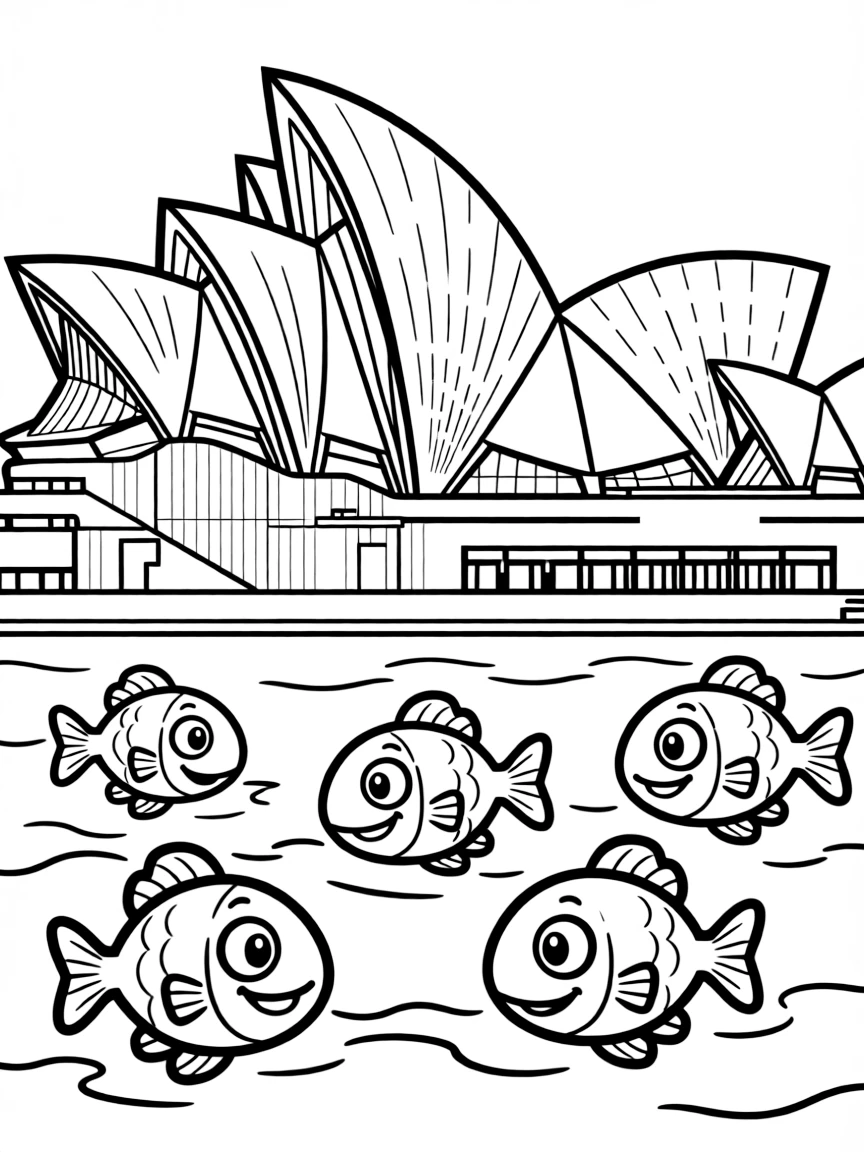 The Sydney Opera House with little happy fish.