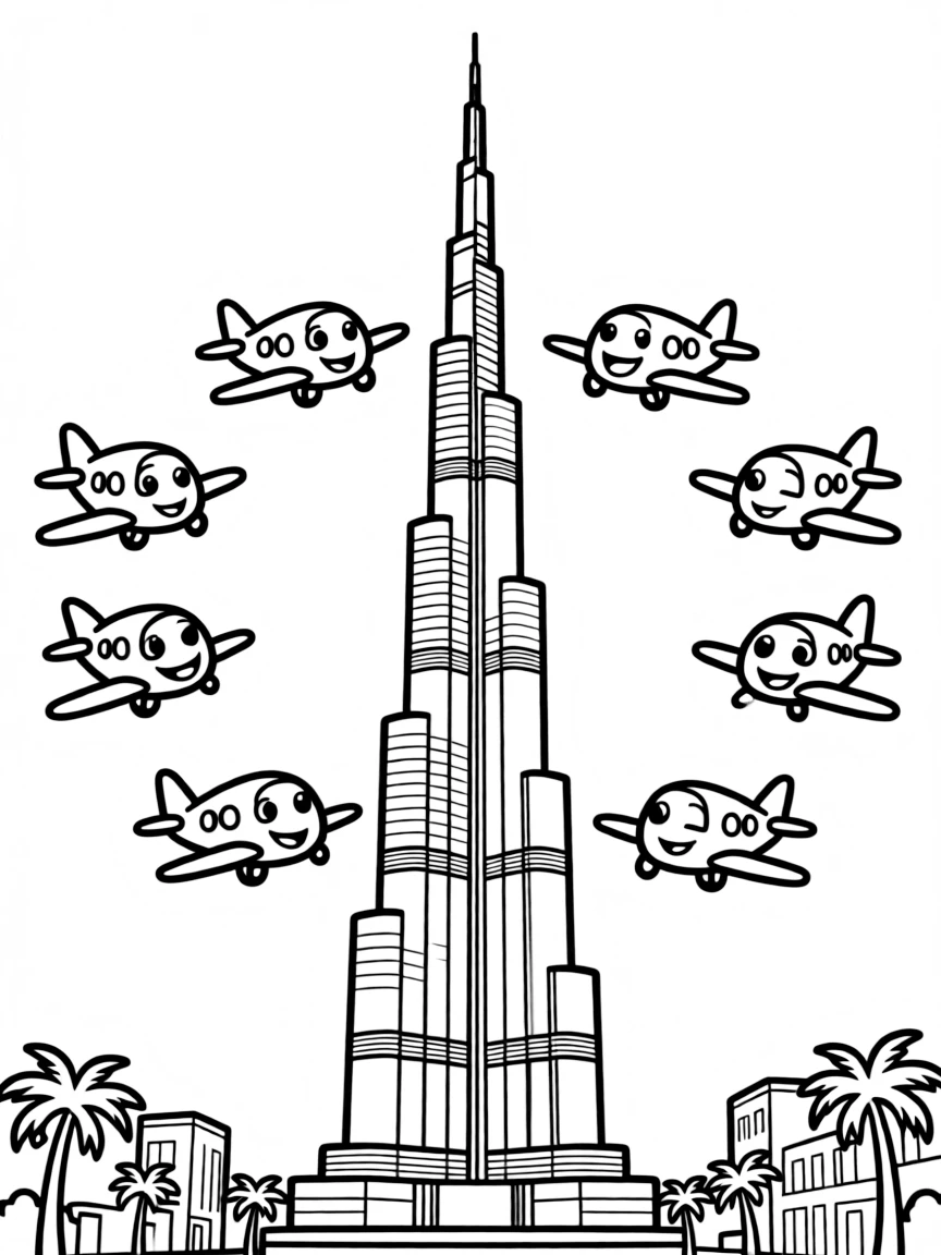 The Burj Khalifa with happy little airplanes flying in formation.