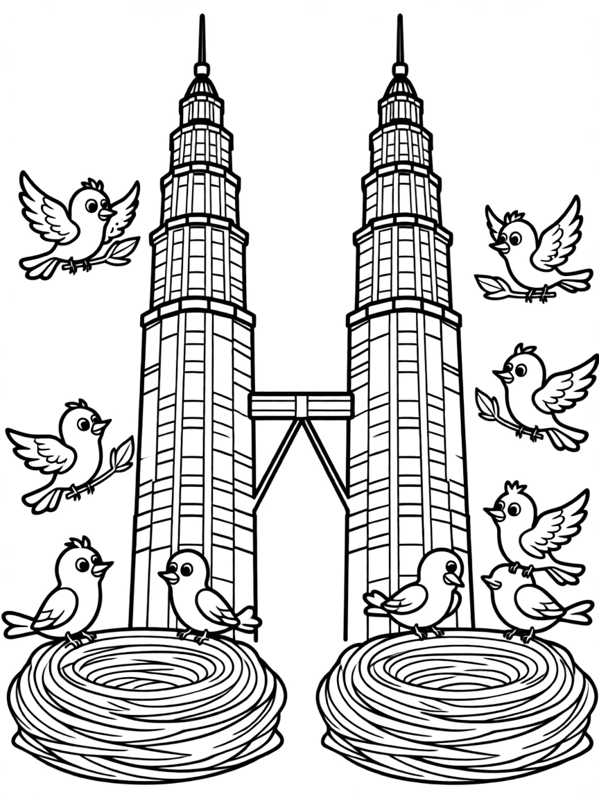 The Petronas Towers with happy little birds building giant nests.