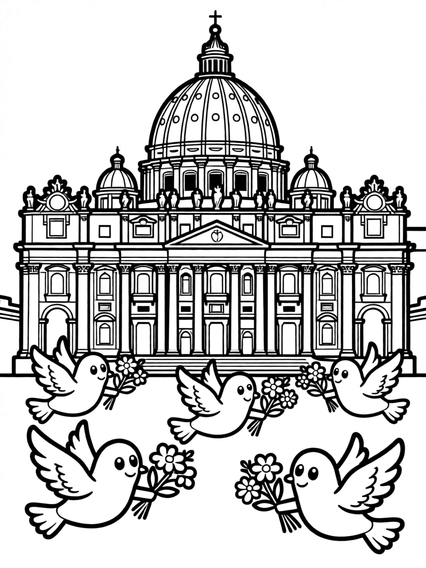 The Vatican City (St. Peter's Basilica) with happy little doves carrying flowers.