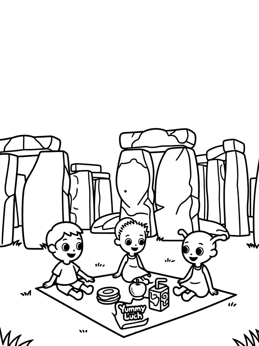 Stonehenge with happy little aliens having a picnic lunch.