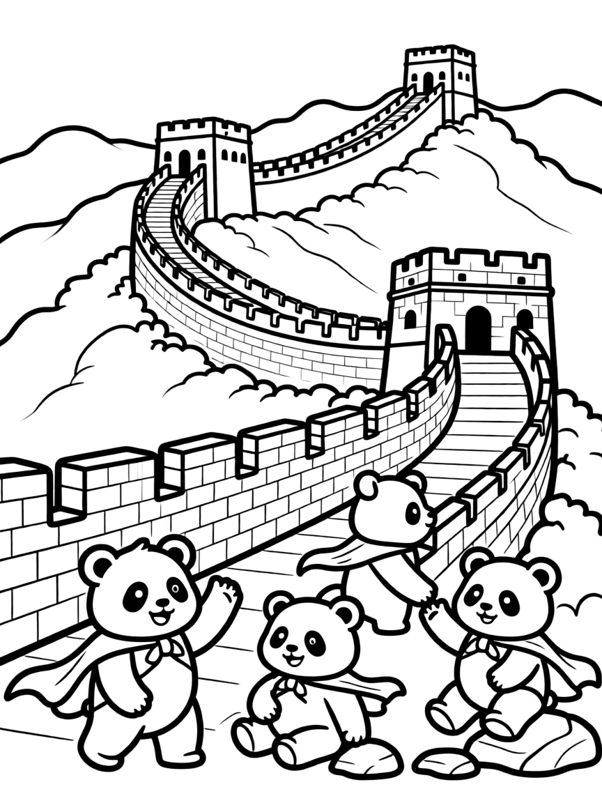 The Great Wall of China with happy little pandas wearing capes.