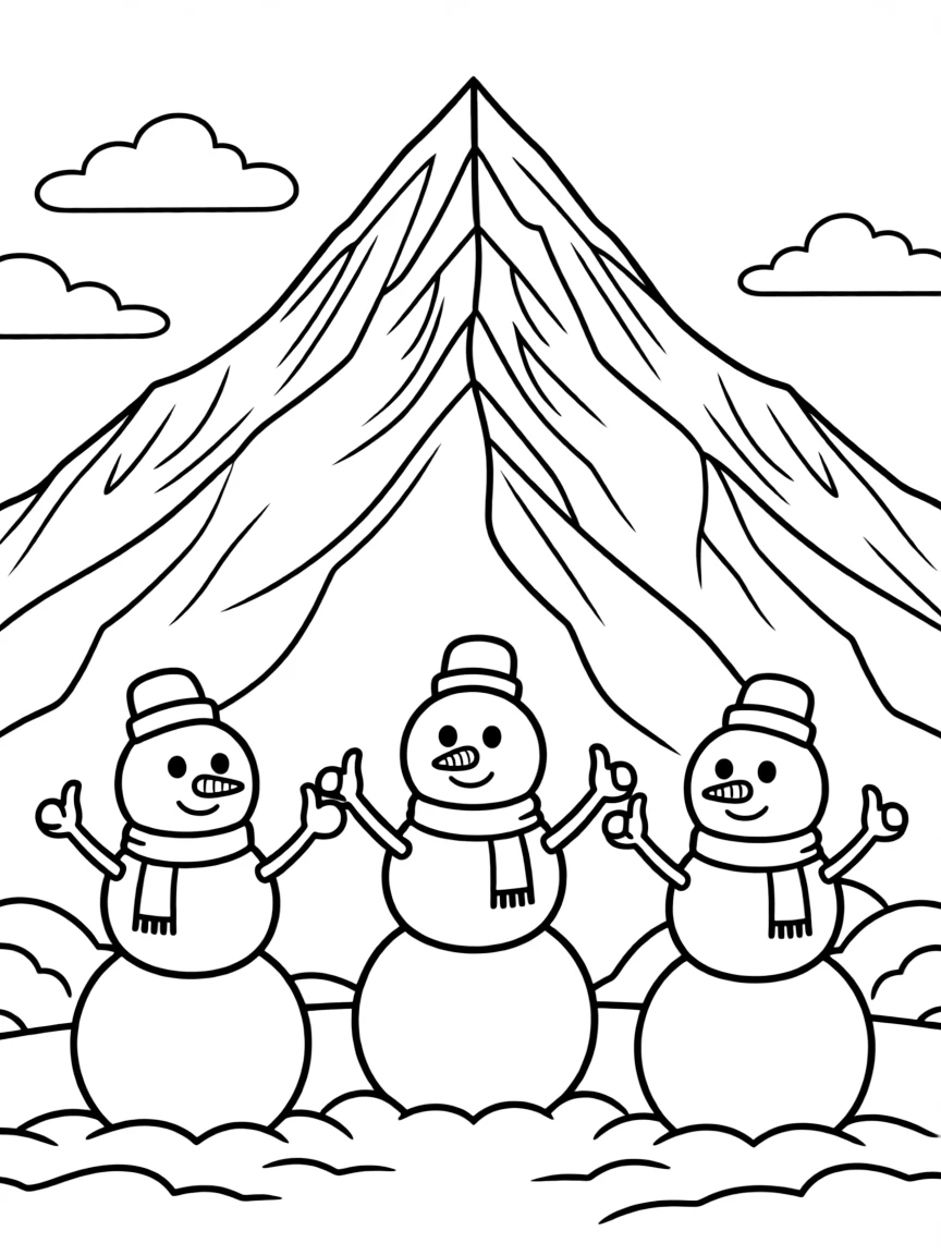 Mount Everest with happy little snowmen giving thumbs up.