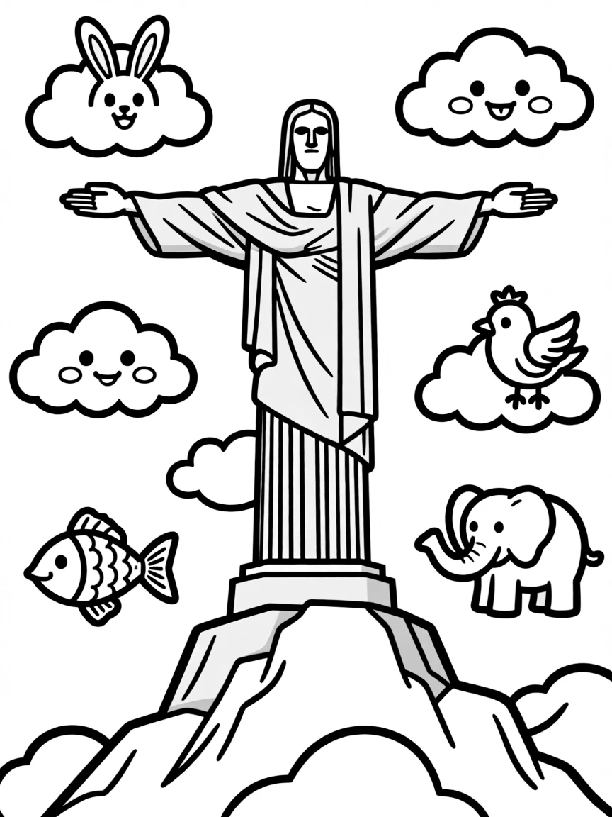 Christ the Redeemer with happy little clouds shaped like animals.