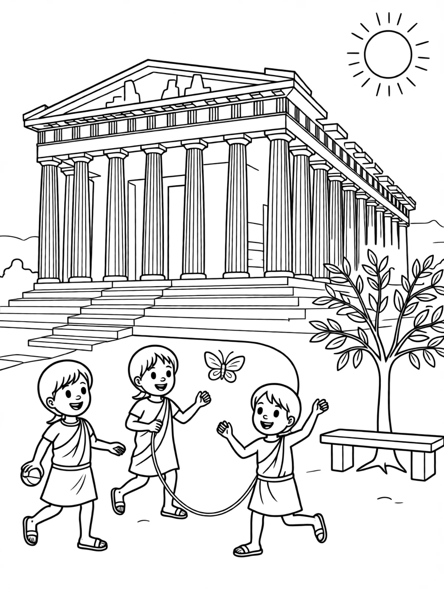 The Acropolis with happy little ancient Greek children playing.