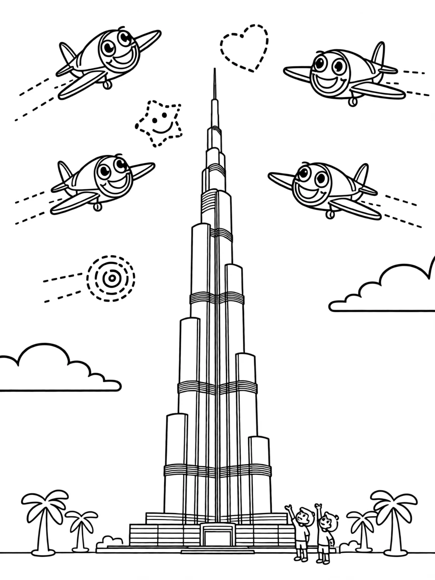 The Burj Khalifa with happy little airplanes drawing shapes in the sky.