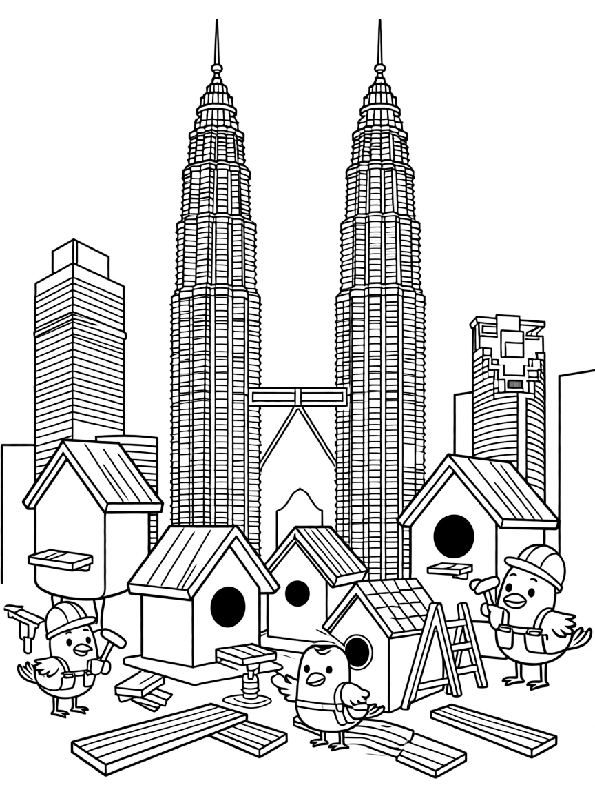 The Petronas Towers with happy little birds building birdhouses.
