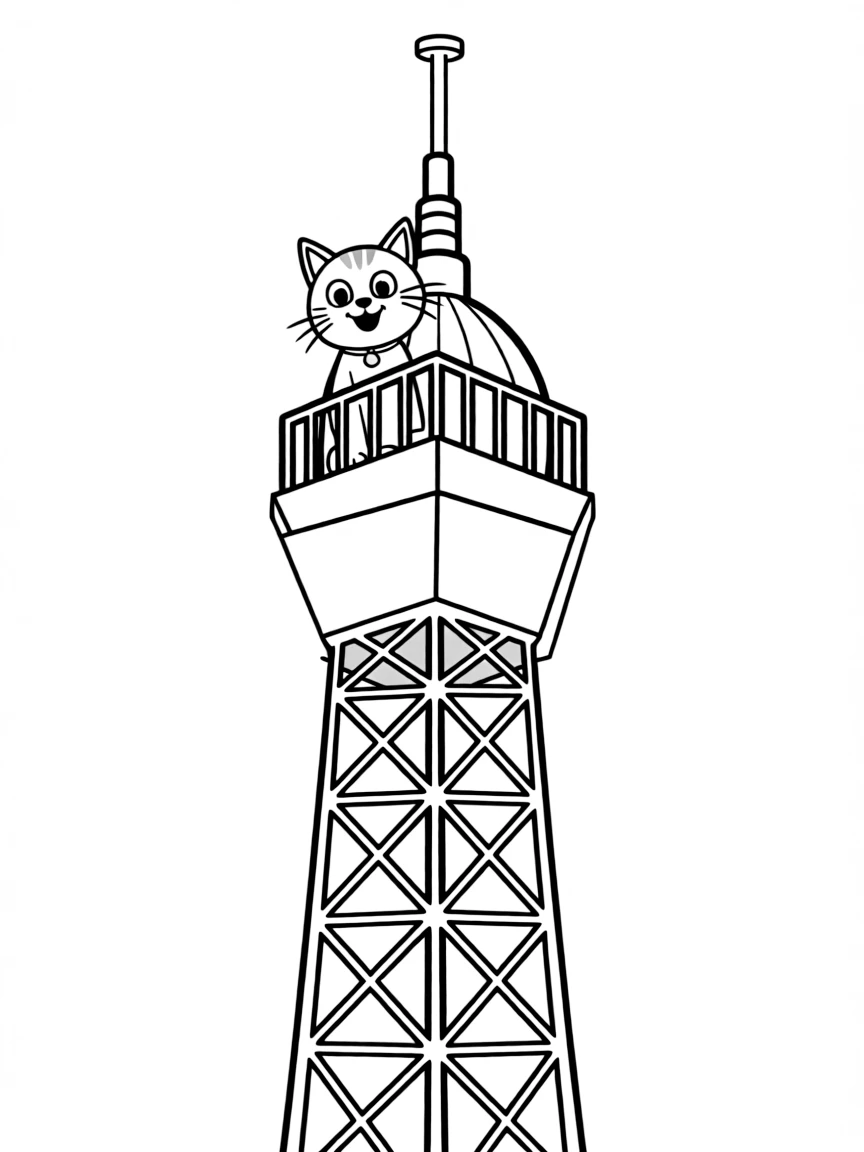 The Eiffel Tower with a happy little cat on its observation deck.