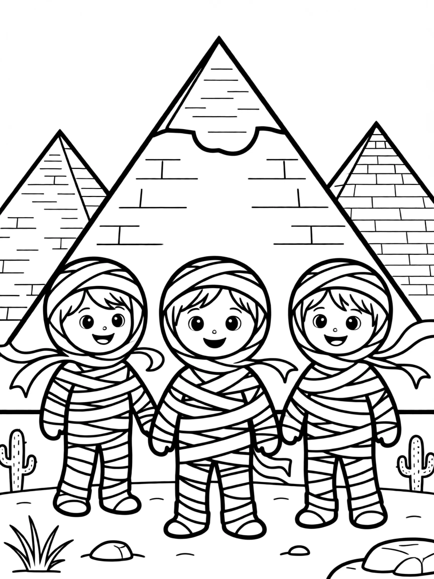 The pyramids of Egypt with happy little mummies wrapped in colorful ribbons.