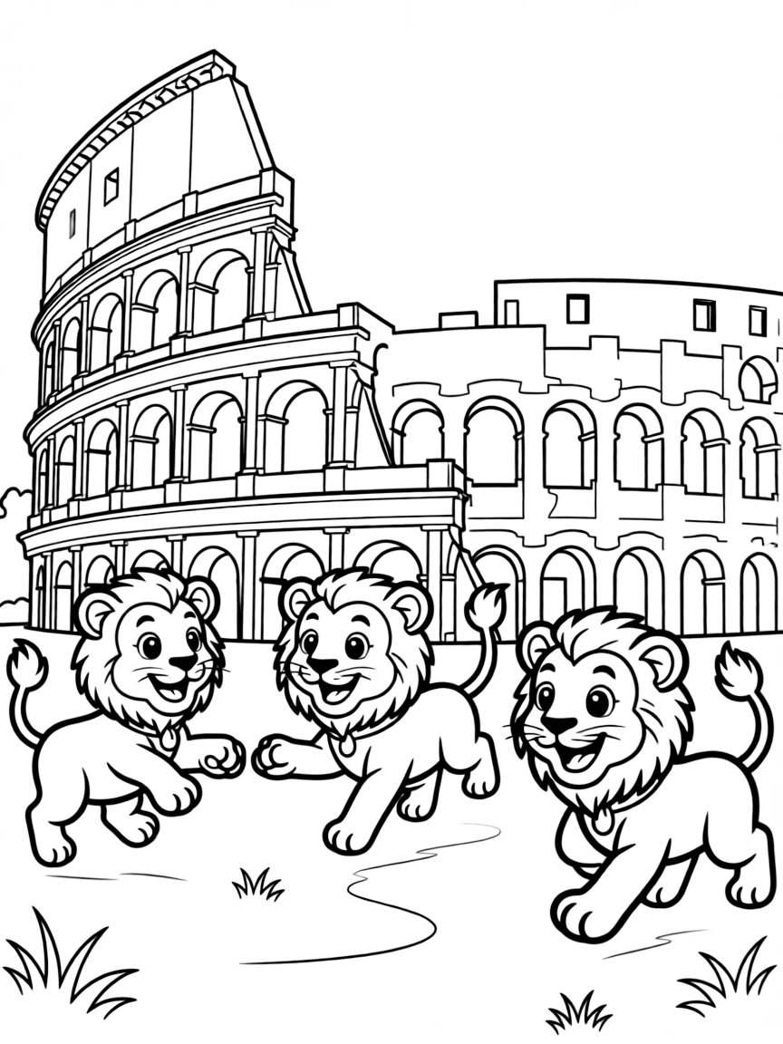The Colosseum with happy little lions playing tag.