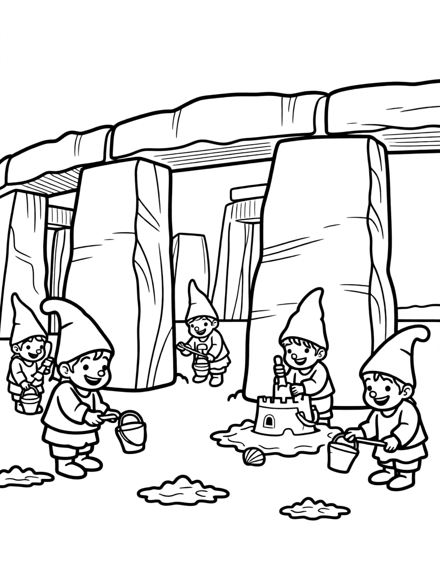 Stonehenge with happy little gnomes building sandcastles.