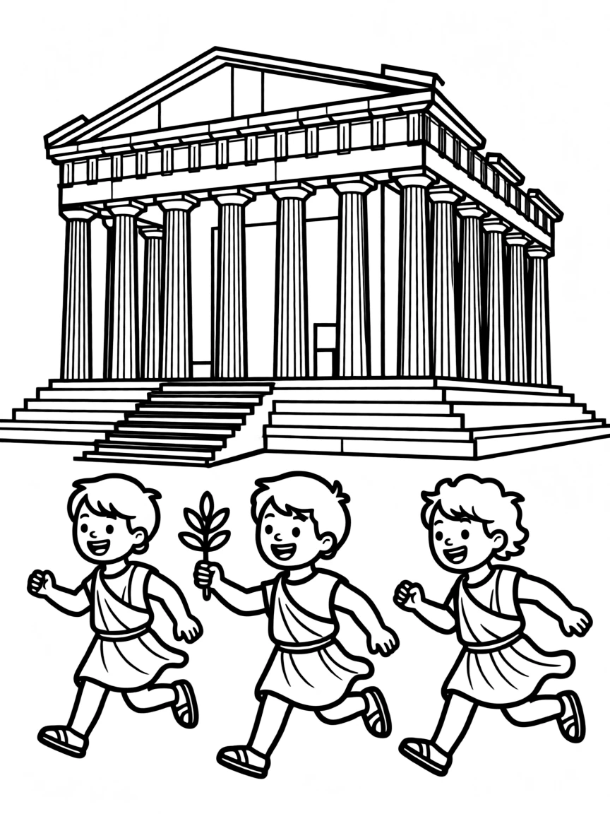 The Acropolis with happy little ancient Greek children running.