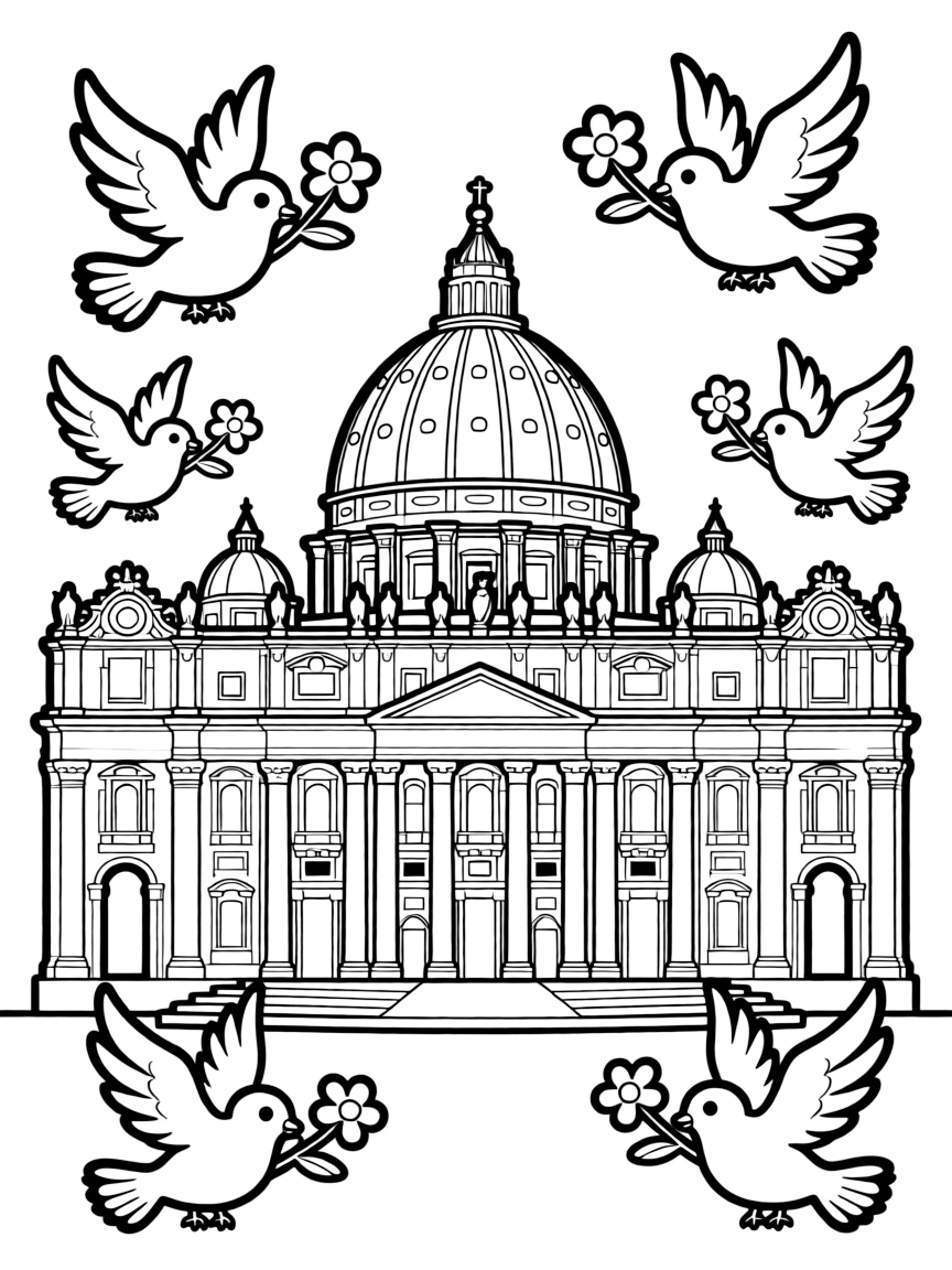 The Vatican City (St. Peter's Basilica) with happy little doves carrying flowers.