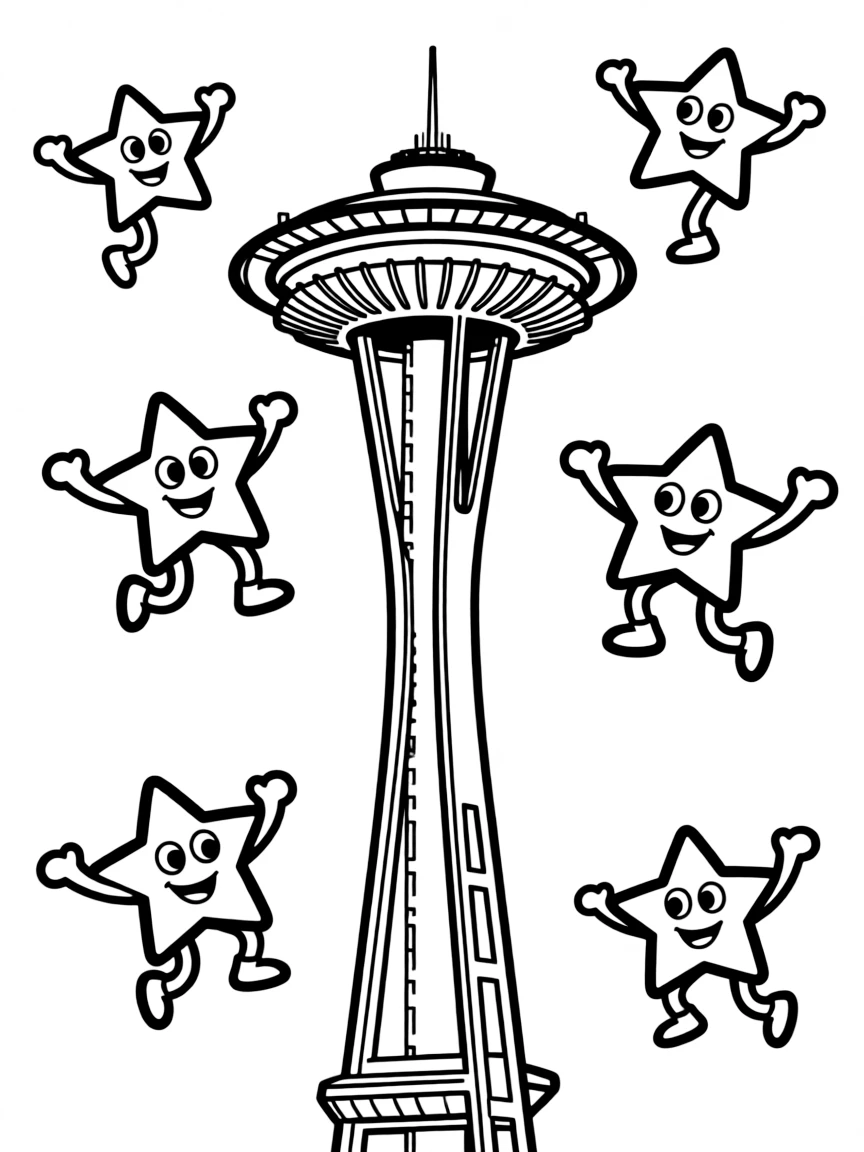 The Space Needle with happy little stars dancing a jig.