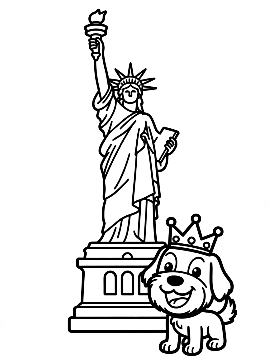 The Statue of Liberty with a little happy dog wearing a crown.