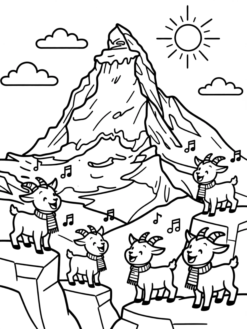 Mount Everest with little happy mountain goats singing.