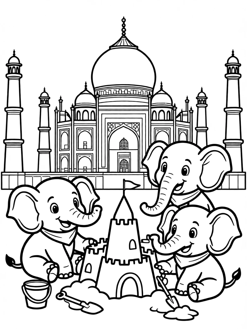 The Taj Mahal with little happy elephants building sandcastles.