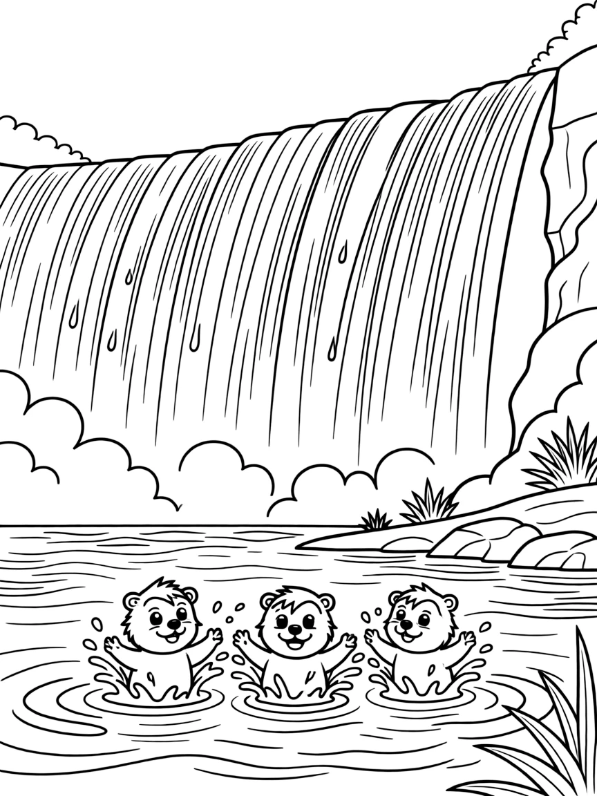Niagara Falls with little happy otters playing in the spray.