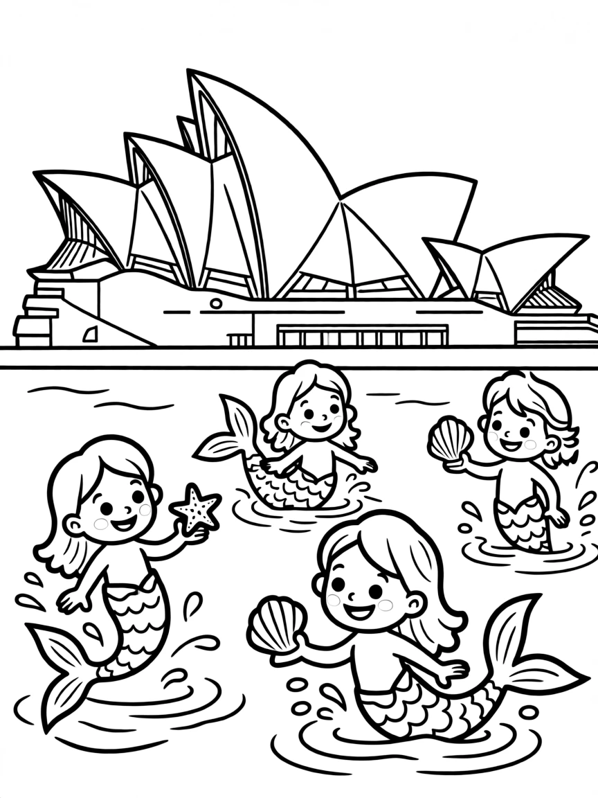 The Sydney Opera House with little happy mermaids playing in the water.