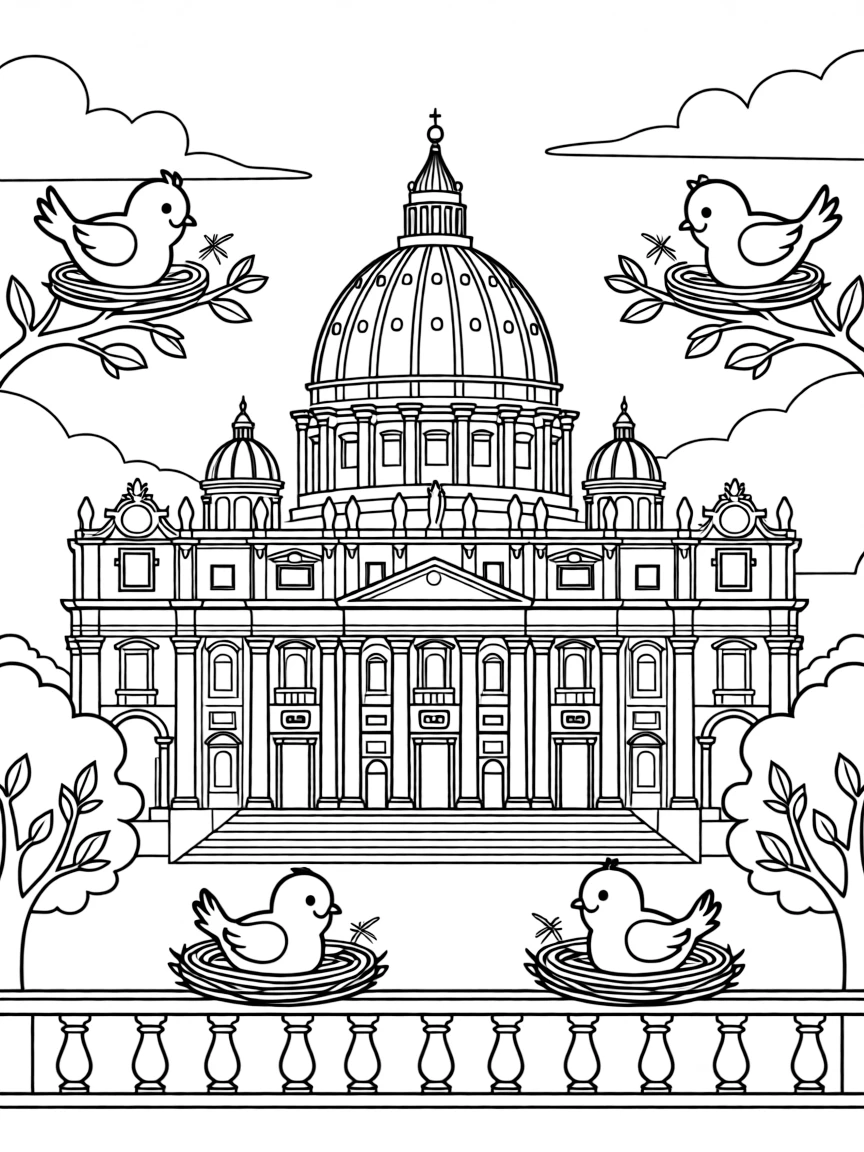 The Vatican City (St. Peter's Basilica) with little happy doves building nests.