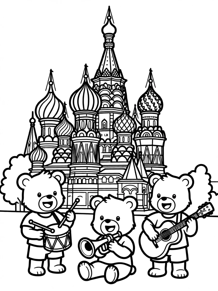 The Kremlin with little happy bears playing musical instruments.