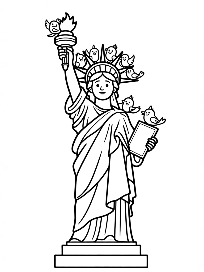 The Statue of Liberty with happy little birds perched on her crown.