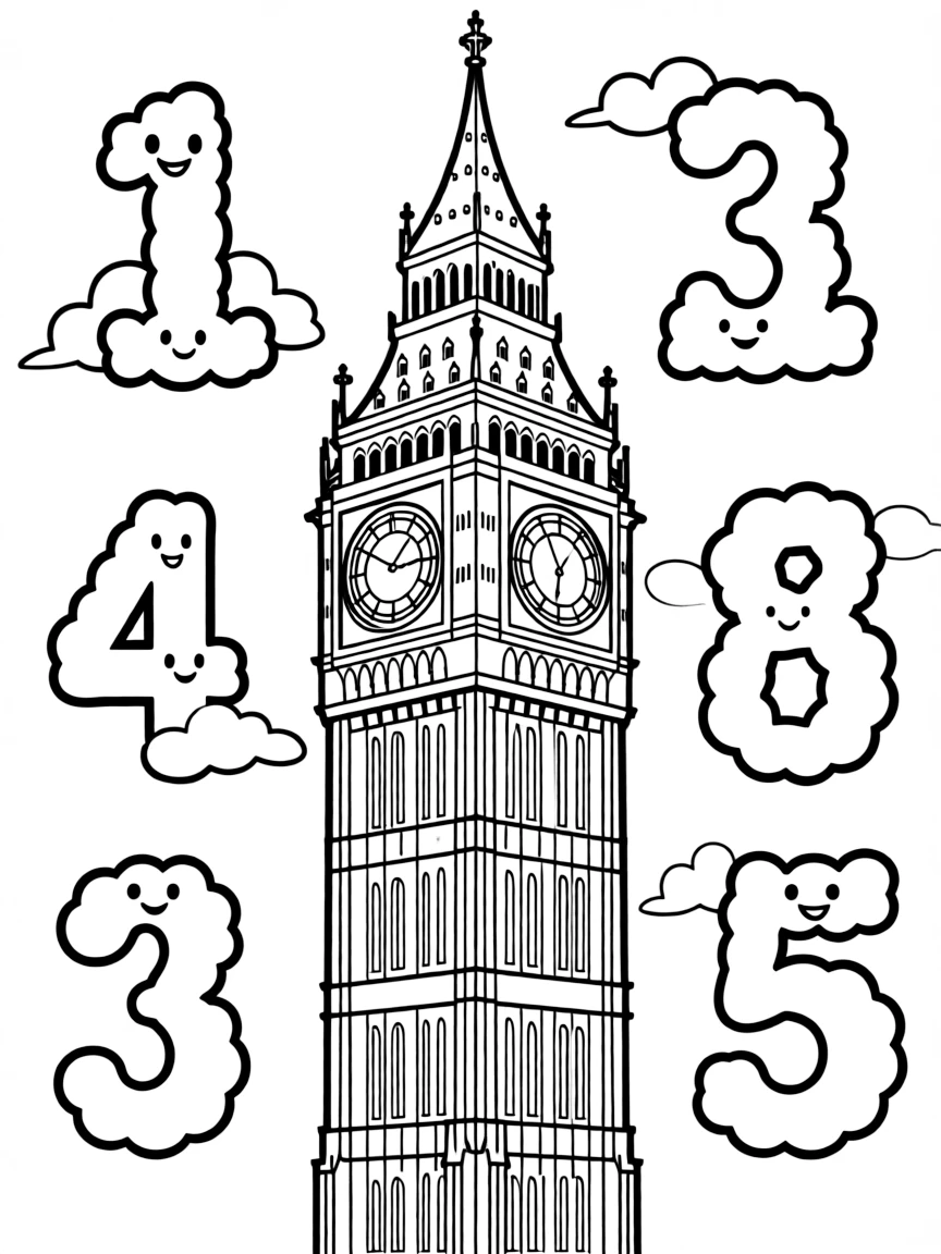 Big Ben with happy little clouds shaped like numbers.