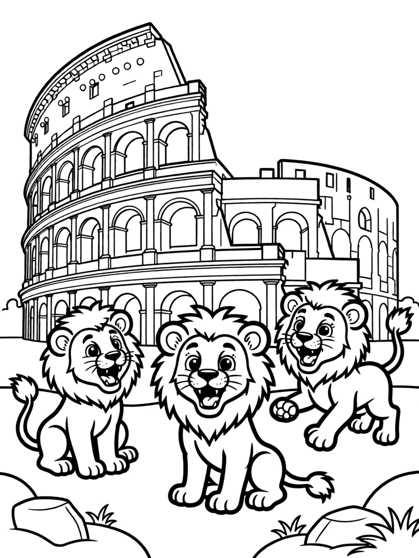 The Colosseum with happy little lions roaring playfully.