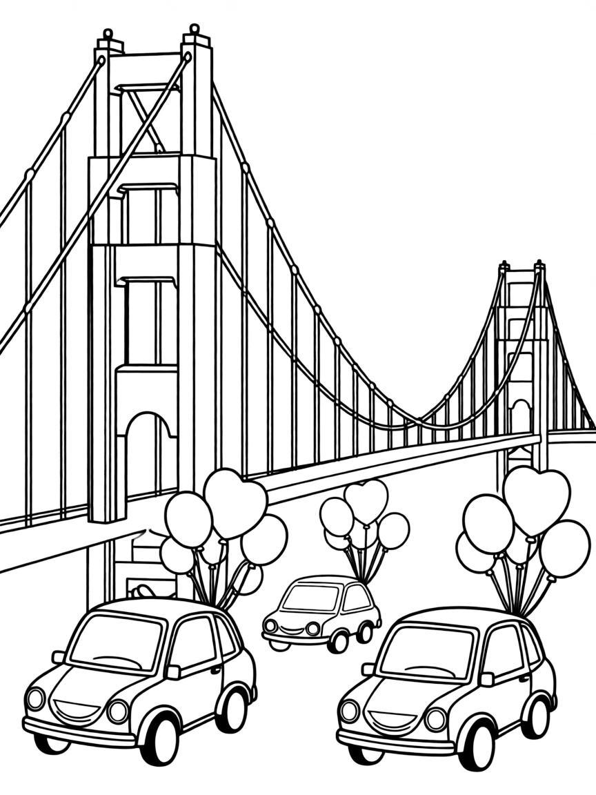 The Golden Gate Bridge with happy little cars carrying balloons.