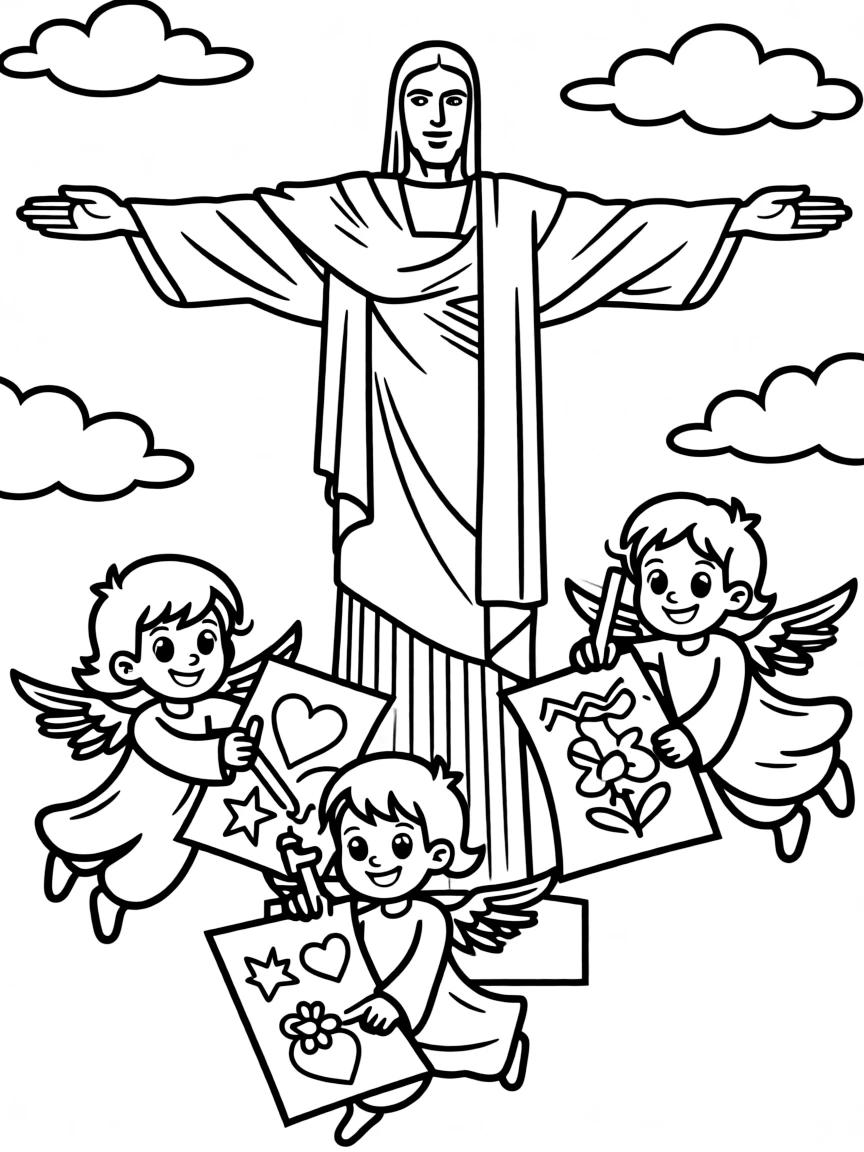 Christ the Redeemer with happy little angels drawing pictures.