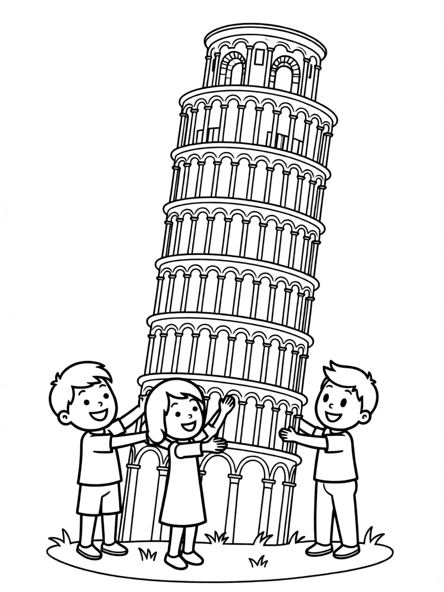 The Leaning Tower of Pisa with happy little people holding it up.