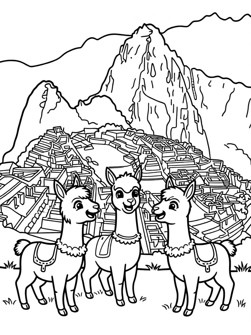 Machu Picchu with happy little llamas telling jokes.