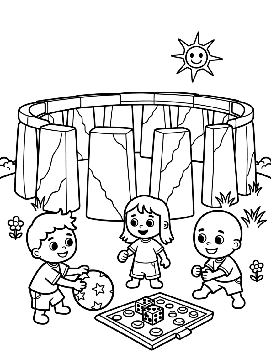 Stonehenge with happy little aliens playing games.