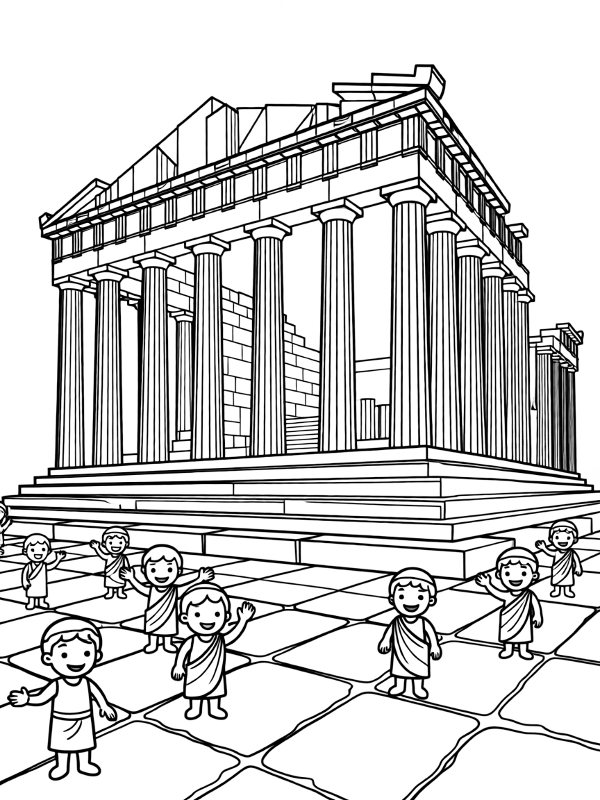 The Acropolis with happy little statues waving.
