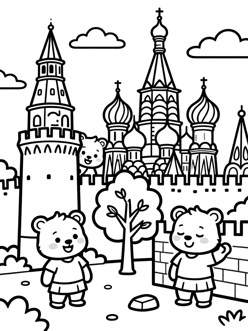 The Kremlin with happy little bears playing hide and seek.